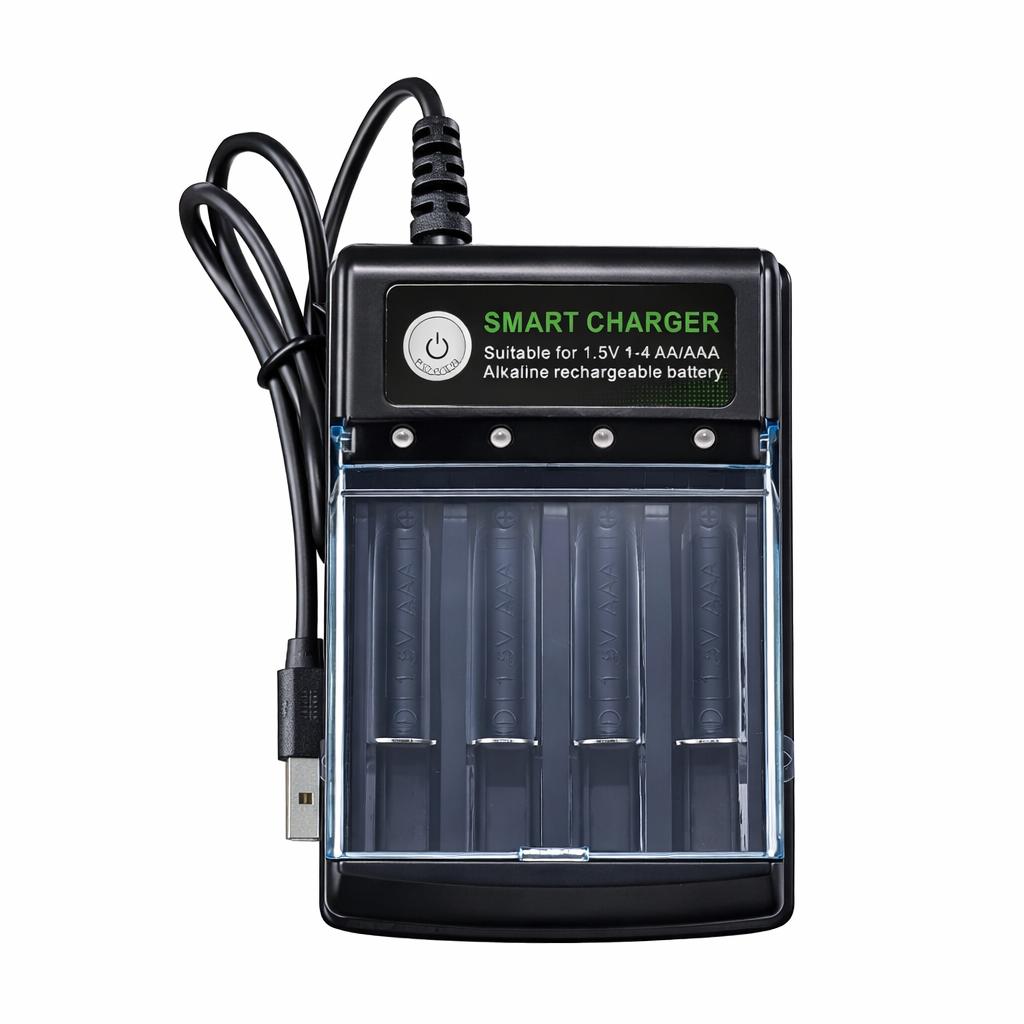 

USB Smart 4 Slot Charger For 1.5V Rechargeable Alkaline AA AAA Batteries Only with LED Indicator чорний