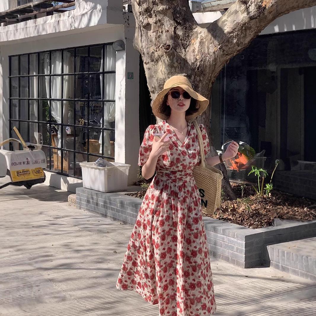 

Petite High-End Floral Puff Sleeve Slimming Dress for Summer 2025 S
