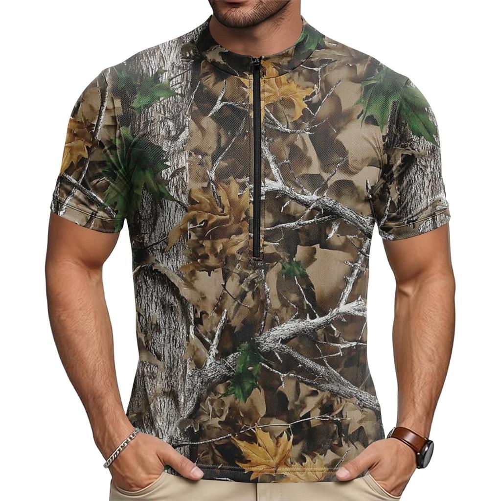 Herren Rundhals Kurzarm Radtrikot Atmungsaktiv Schnelltrocknend Leicht Reißverschluss Vorne Sportshirt für Outdoor-Fahrten