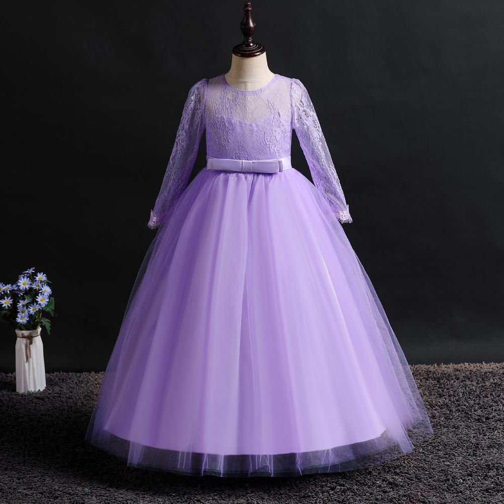 Girls' formal dress: long-sleeved lace puff-skirted princess dress for older children – perfect for emcees and performances
