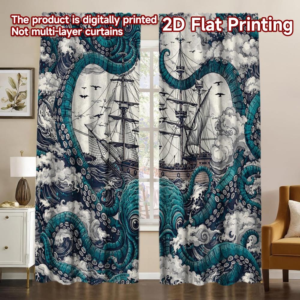 2D FLAT PRINTING 2pcs Curtains (Without Rod) Giant Octopus Attacks Ship Chic Curtain Fabric Machine Washable Fabric Curtains Eid 60×150cm