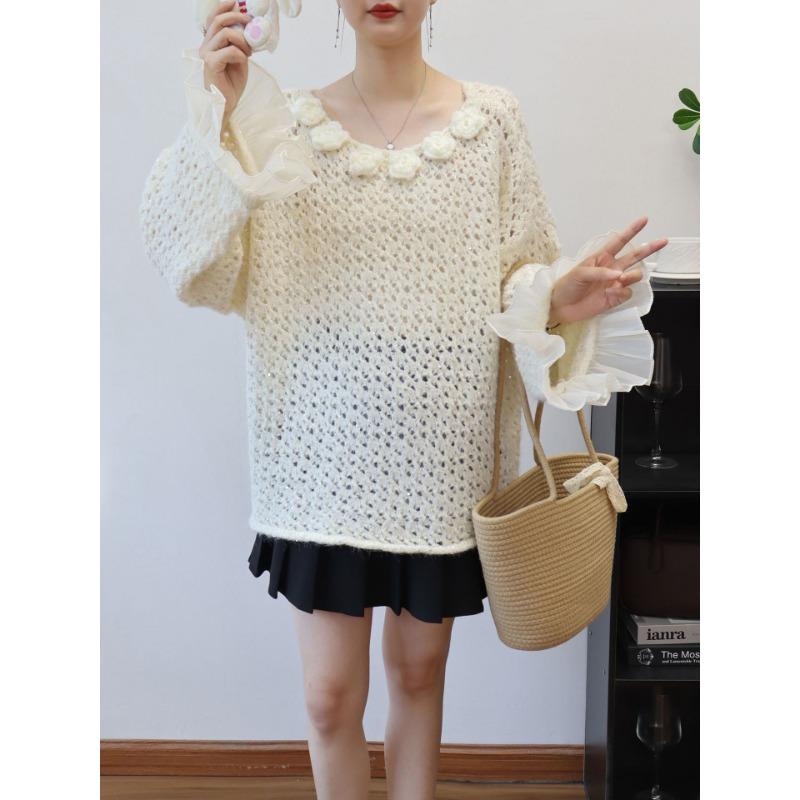 Three-dimensional flower hollow sequin loose knitted sweater top autumn and winter new splicing mesh sweater pullover women