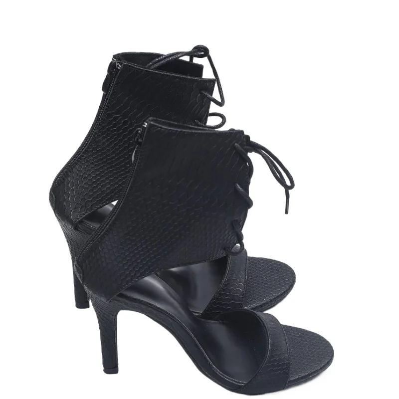2025 New Black Gladiator Sandals for Women Summer Sexy Open Toe Belt Buckle Cover Heeled Thin High Heels Shoes Club Party Pumps