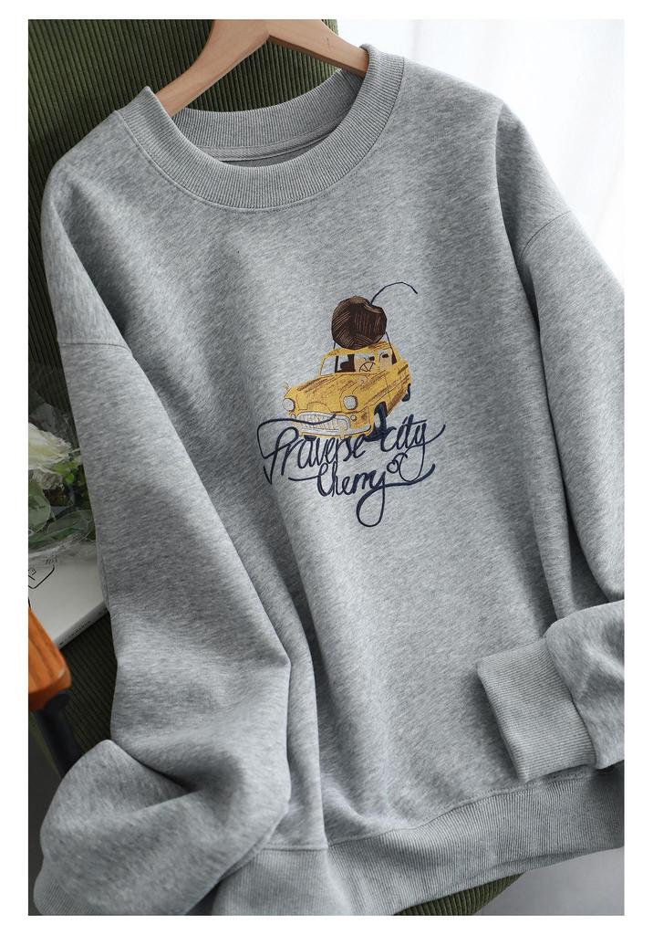 2025 Autumn Women's Cotton Round Neck Printed Casual Loose Slimming Long Sleeve Hoodie Top