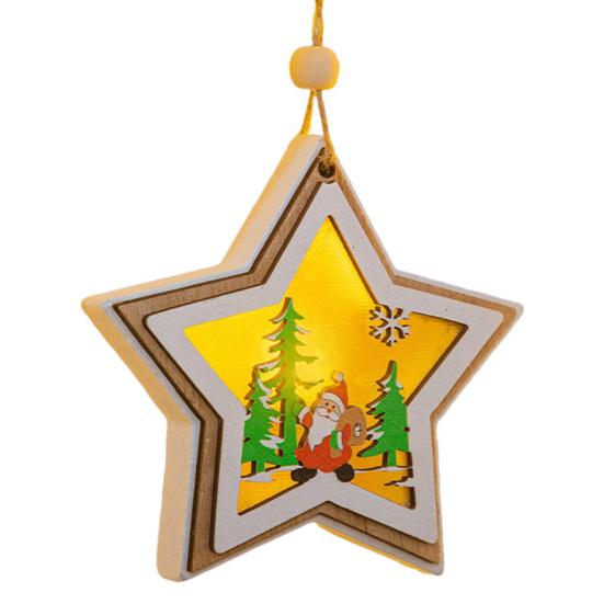 Yousheng Wooden Christmas Decor with LED Light 3D Carved Hanging Wood Star/Village House/Bell/Gift Box Ornament for Xmas Tree Decor