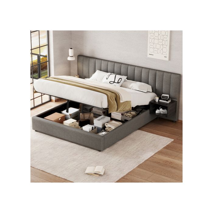 Gepolstertes Bett - MUVOE - 160 x 200 cm - Hydraulisch - 2 Nachttische - Integrierter Stauraum