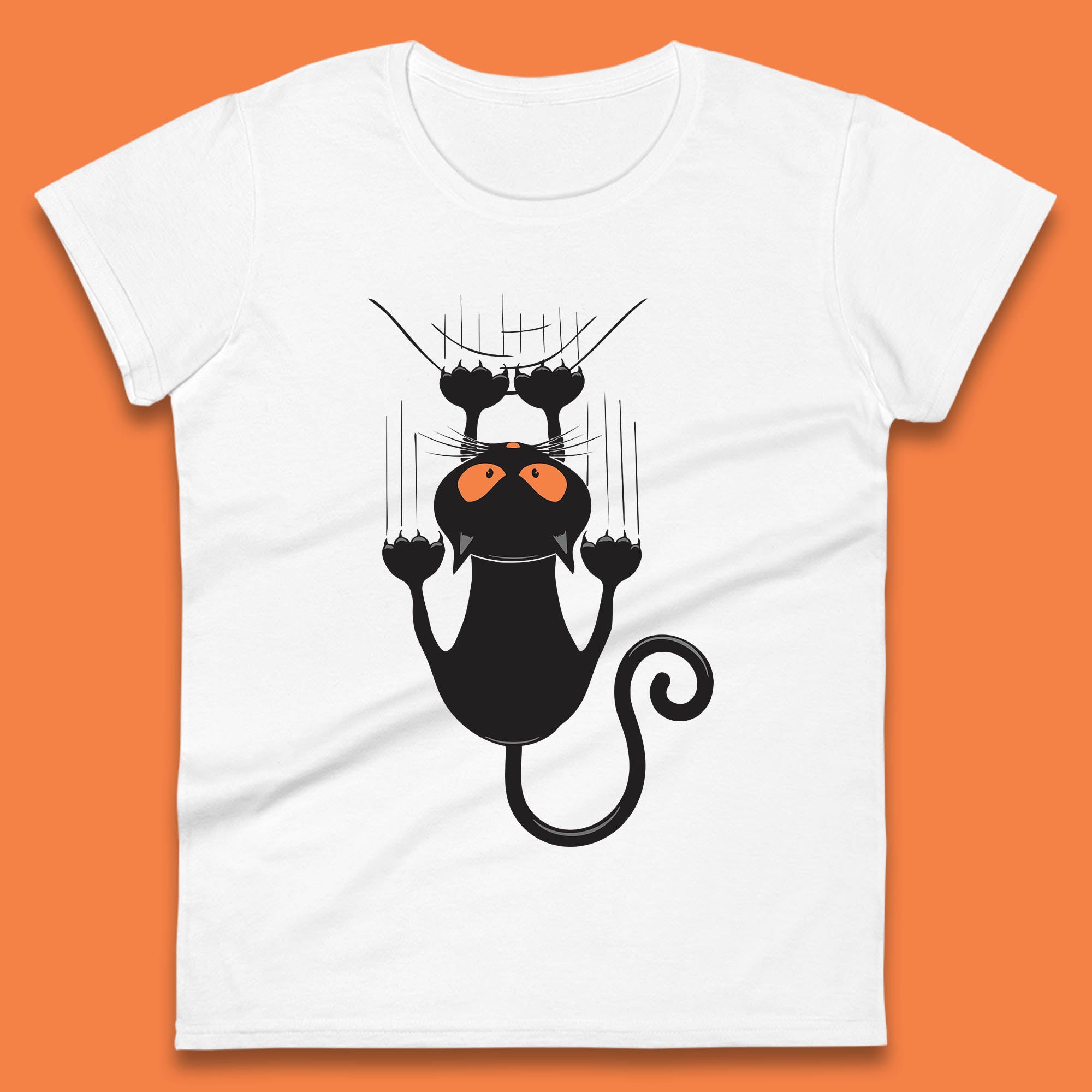 

Black Cat Cartoon Scratching Climbing Wall Halloween Horror Scary Black Cat Spooky Season Womens Tee T Shirt Mens Tops Unisex Top S