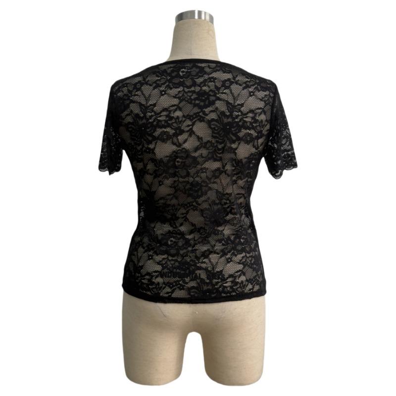 Summer New Women's Elegant V-neck Solid Color Lace Sexy Slim Slim T-shirt Top