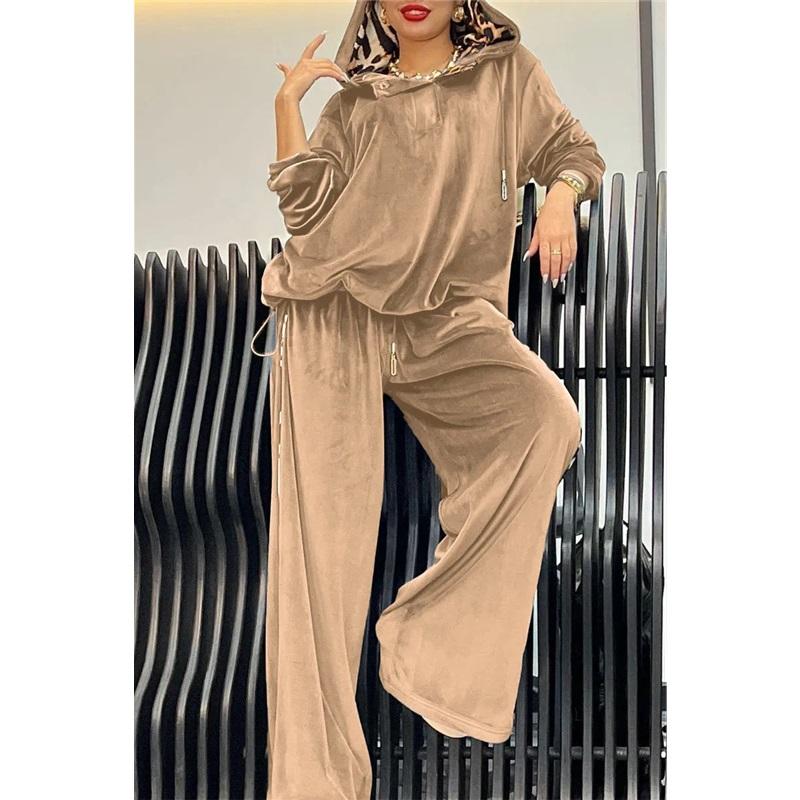 Women's 2 Piece Velour Tracksuit Hoodie Top & Wide Leg Pants Casual Loungewear Set