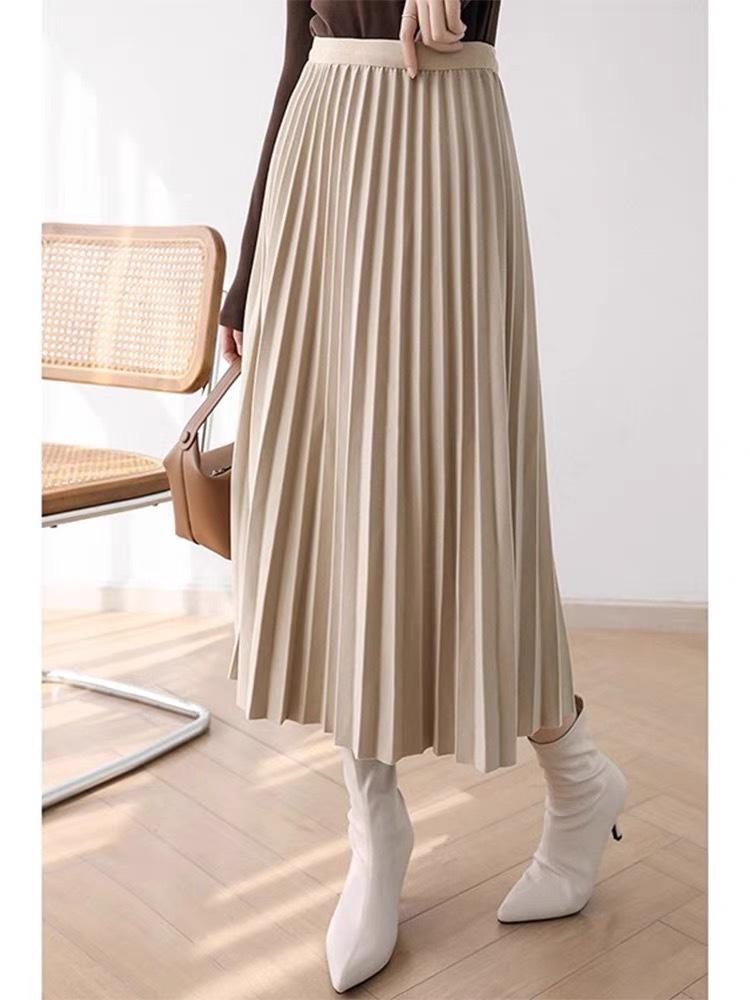Premium Wool Pleated A-Line Skirt for Women, Korean Style, Versatile for Autumn/Winter, Elegant, High-Quality Midi Length.