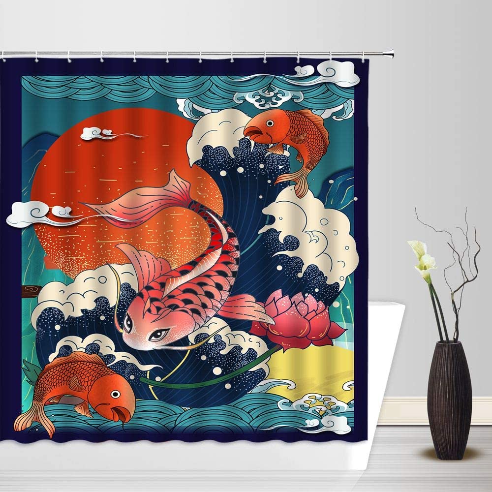 Japanese Waves Shower Curtain Cherry Blossom Pulm Flower Moon Koi Fish Kanagawa Waves Asian Romantic Fabric Bathroom Curtains