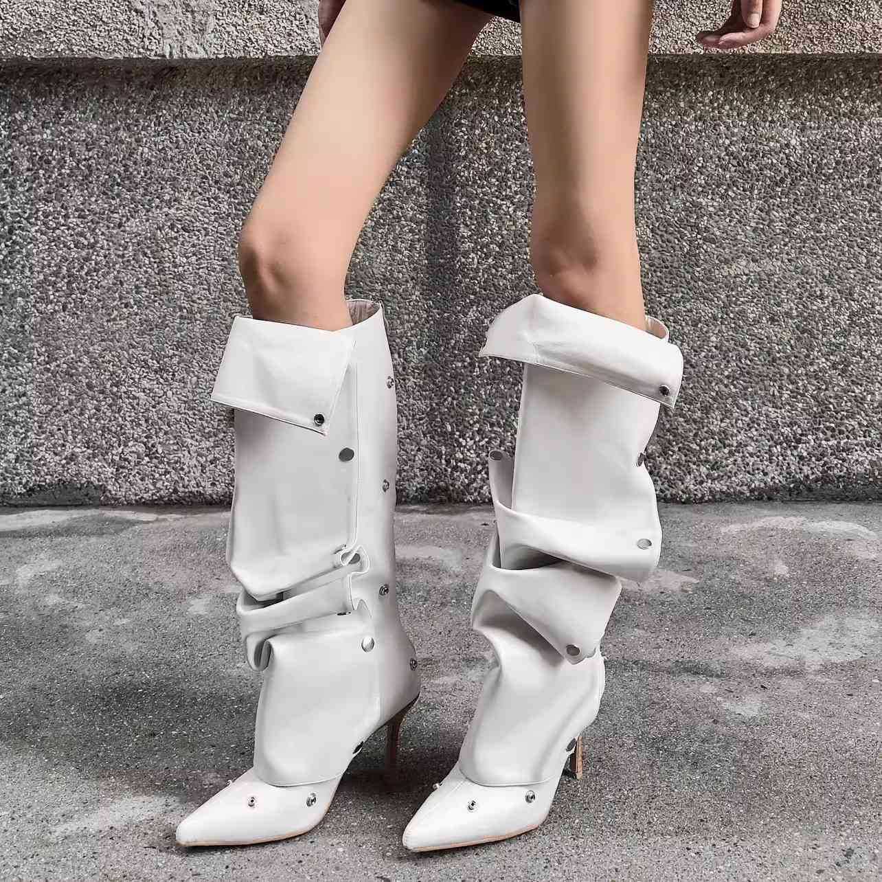 

Button splicing two-wear stacking boots spring and summer new Spice Girl high-heeled fashion boots women s pointed thin heel boots 39