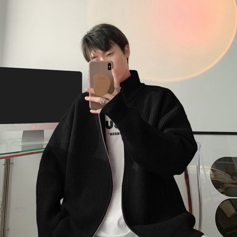 Zipper Stand Collar Cardigan Sweater Men In Autumn Winter Lazy Style Knitted Thickened Jacket