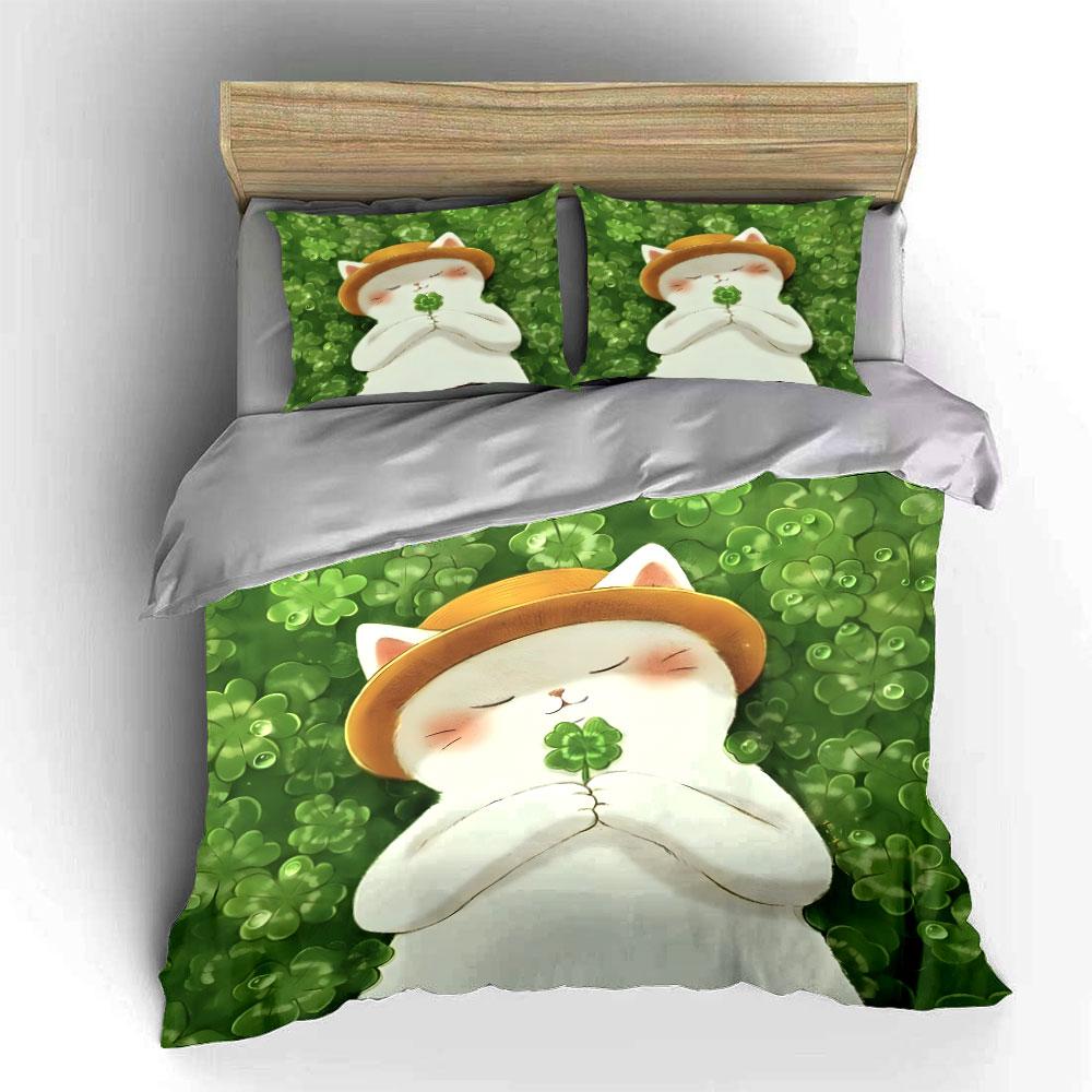 White Cat Holding Lucky Clover Printed Duvet Cover Set1 Duvet Cover+2 Pillowcasemulti Size Bedroom Bedding Decor Luxury Gifts