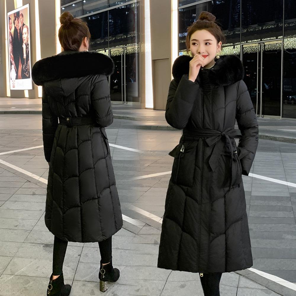 Women's long over-knee solid-color cotton-padded clothes, new autumn and winter Korean version waist fashion big fur collar down cotton clothes