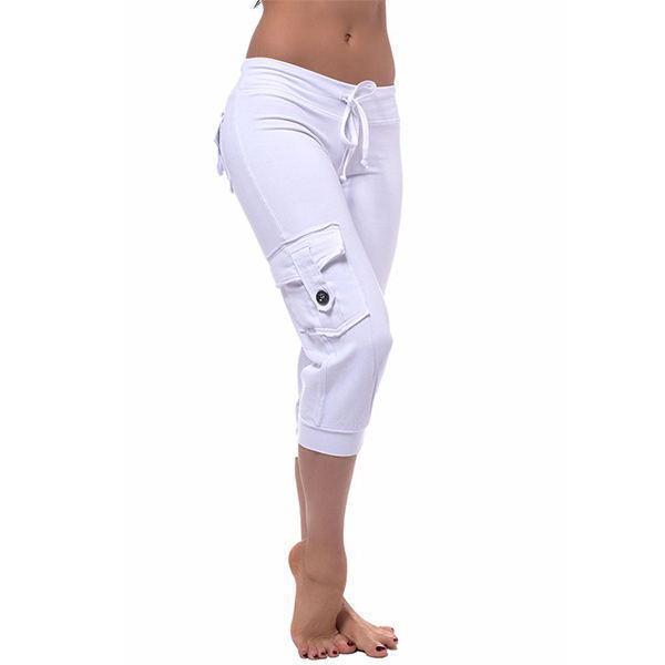 

6 Colors Women Yoga Cropped Pants with Elastic Waist Button Pockets Summer Outdoor Casual Sports Pants XS белый