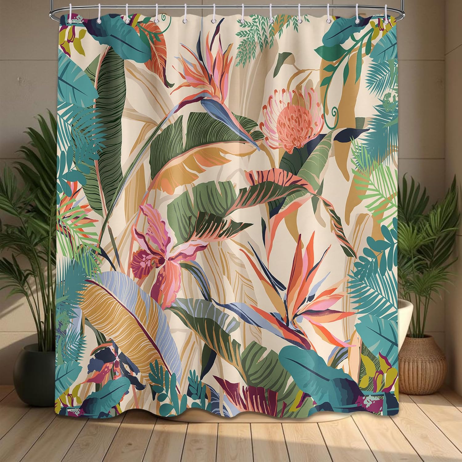 

Tropical Palm Leaf Shower Curtain – Vibrant Jungle Leaves & Flowers, Exotic Bathroom Decor 71X71 Inch With12 Pc Hooks W60H190(CM)-1 Pcs