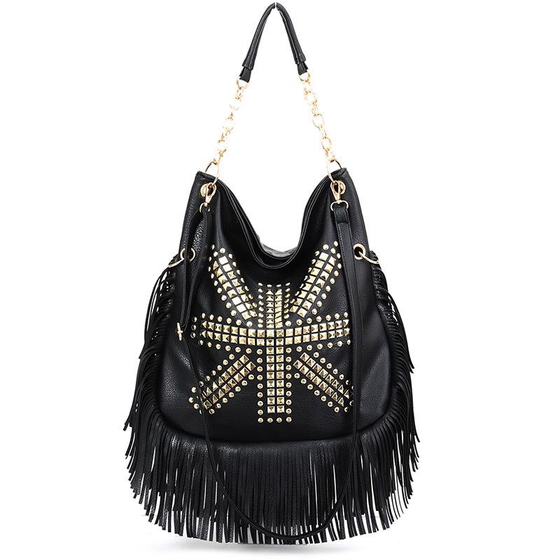 

Trendy Rivet Stud Tassel Soft Leather Handbag - Large Crossbody & Shoulder Bag чёрный