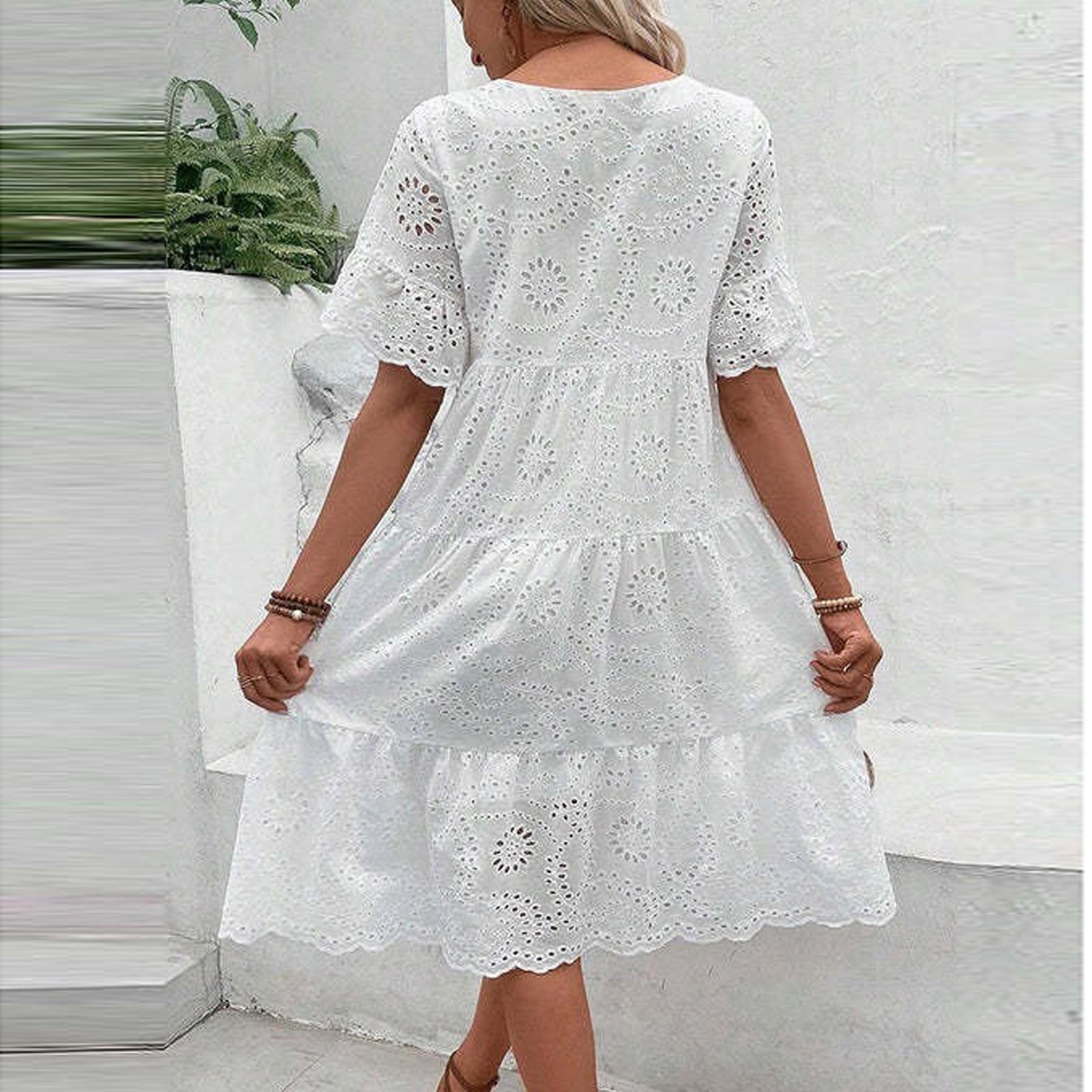 Модное однотонное хлопковое кружевное платье с вышивкой M белый — фото 7