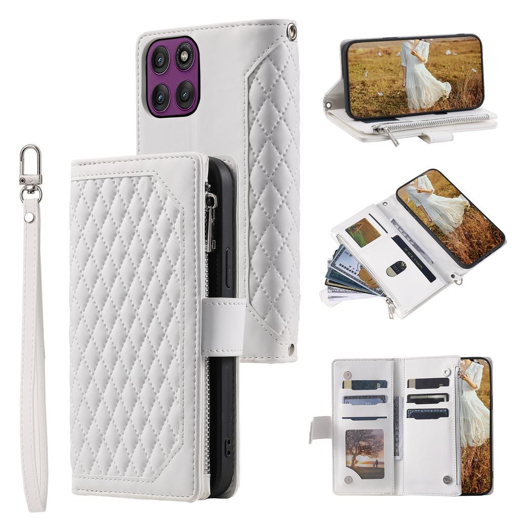 For Motorola Moto G56 5G Wallet Case Rhombus Stitching Line PU Leather Phone Cover with Wrist Strap