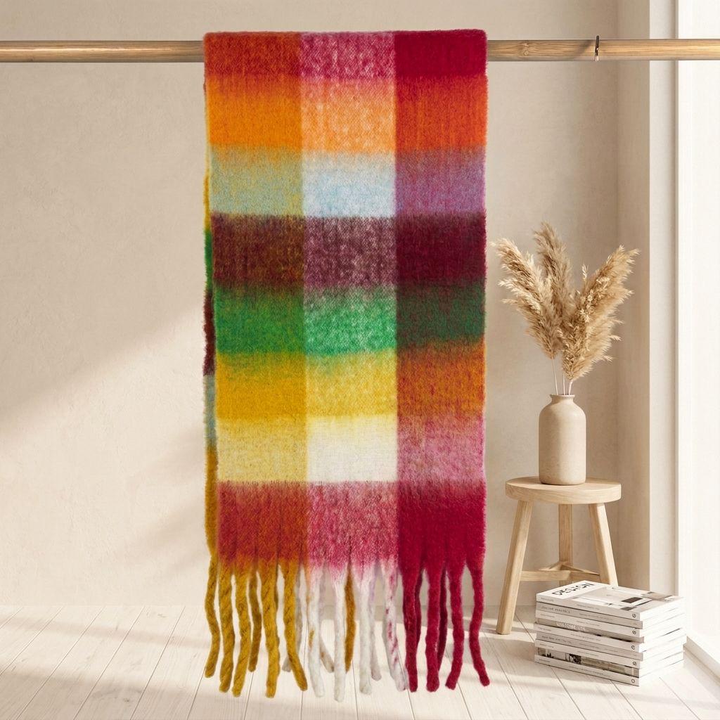 Women's High-Grade Colorful Plaid Mohair Scarf - Thick, Warm, and Versatile for Winter