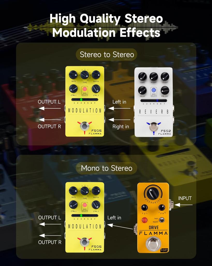 FLAMMA FS05 Stereo Effects Pedal with 7 11 Modulation Buffered and Stereo Digital Modulation Effects Pedal Multi-Modulation Slots, Effects, Bypass,