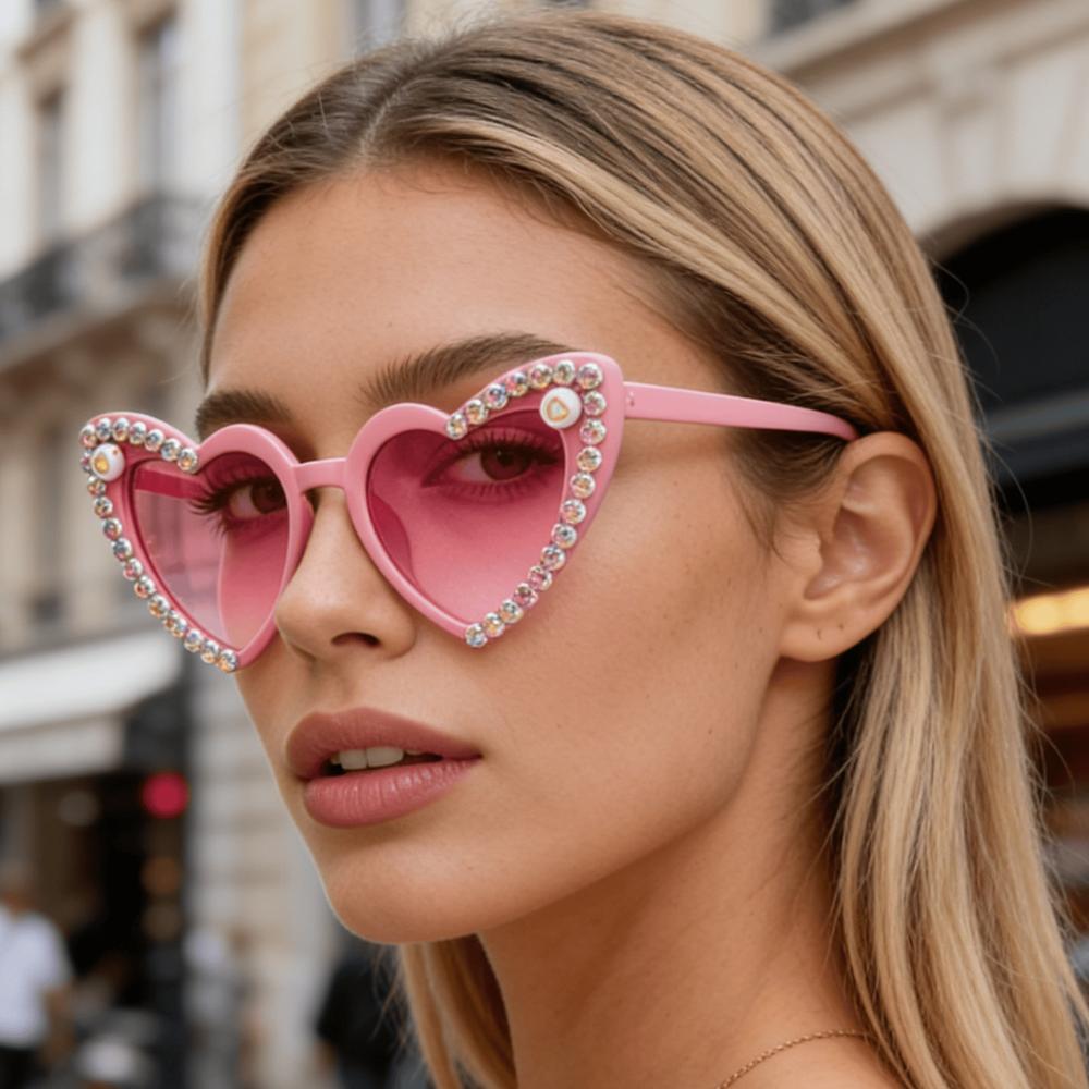 2026 Rhinestone Heart Sunglasses Women UV Crystal Trim Retro Cat Eye Party Festival Shades KJ266