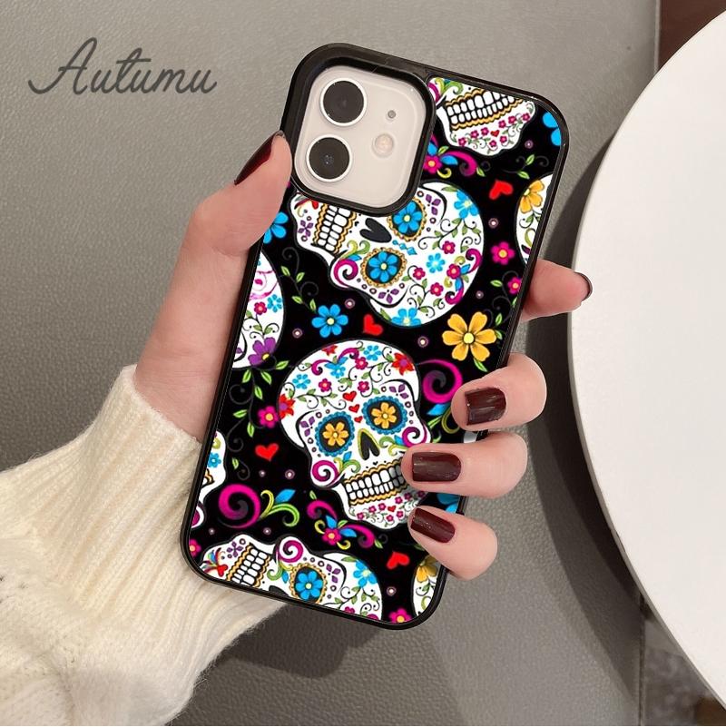 Mexican Skull Flower Phone Case for iPhone 11 12 13 14 Pro Max mini X XR XS SE 2020 6S 7 8 Plus Samsung Galaxy S21 S22 shell