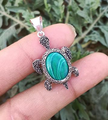 Malachite Gemstone 925 Sterling Silver Plated Tortoise Pendant