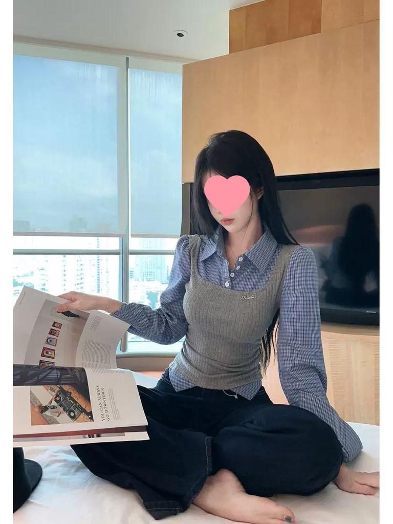 Women's Plaid Layered Shirt: Trendy College Style, Age-Reducing Two-Piece for Autumn/Winter, Featuring Inner Vest and Base Layer.