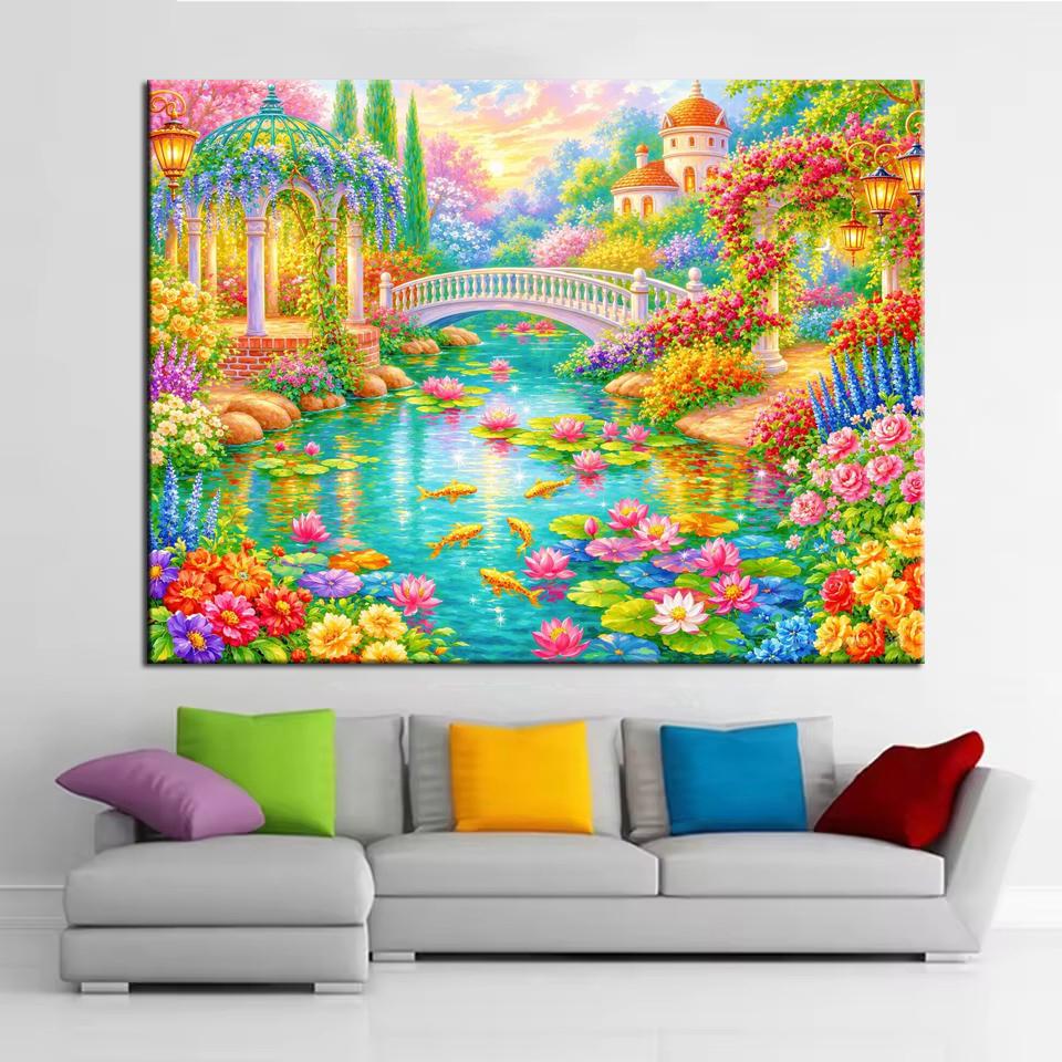 Beautiful Pond Lotus Flowers and Pavilion DIY Diamond Painting Kits New 2026 Full Square Round Diamond Mosaic Embroidery Cross Stitch Kits