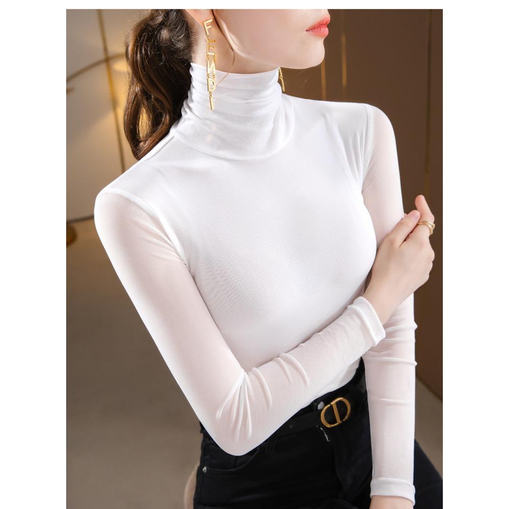 Women High Collar Mesh Base Layer Top Fleece Lined Thick Stretchy Long Sleeve Warm