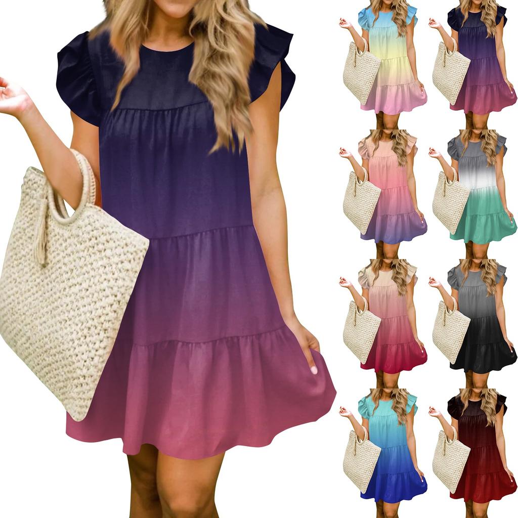 Damska moda letnia swobodna sukienka typu O-Neck z falbaną i rękawami bez rękawów, luźna krótka tunika