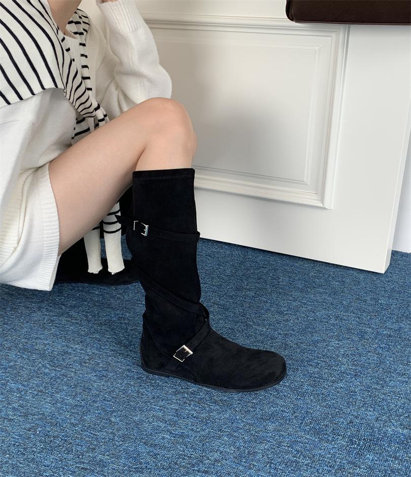 Black Boots Women's Long Boots American Daughter Style Autumn and Winter Retro Inner Height Increase But Knee Maillard Skinny Denim