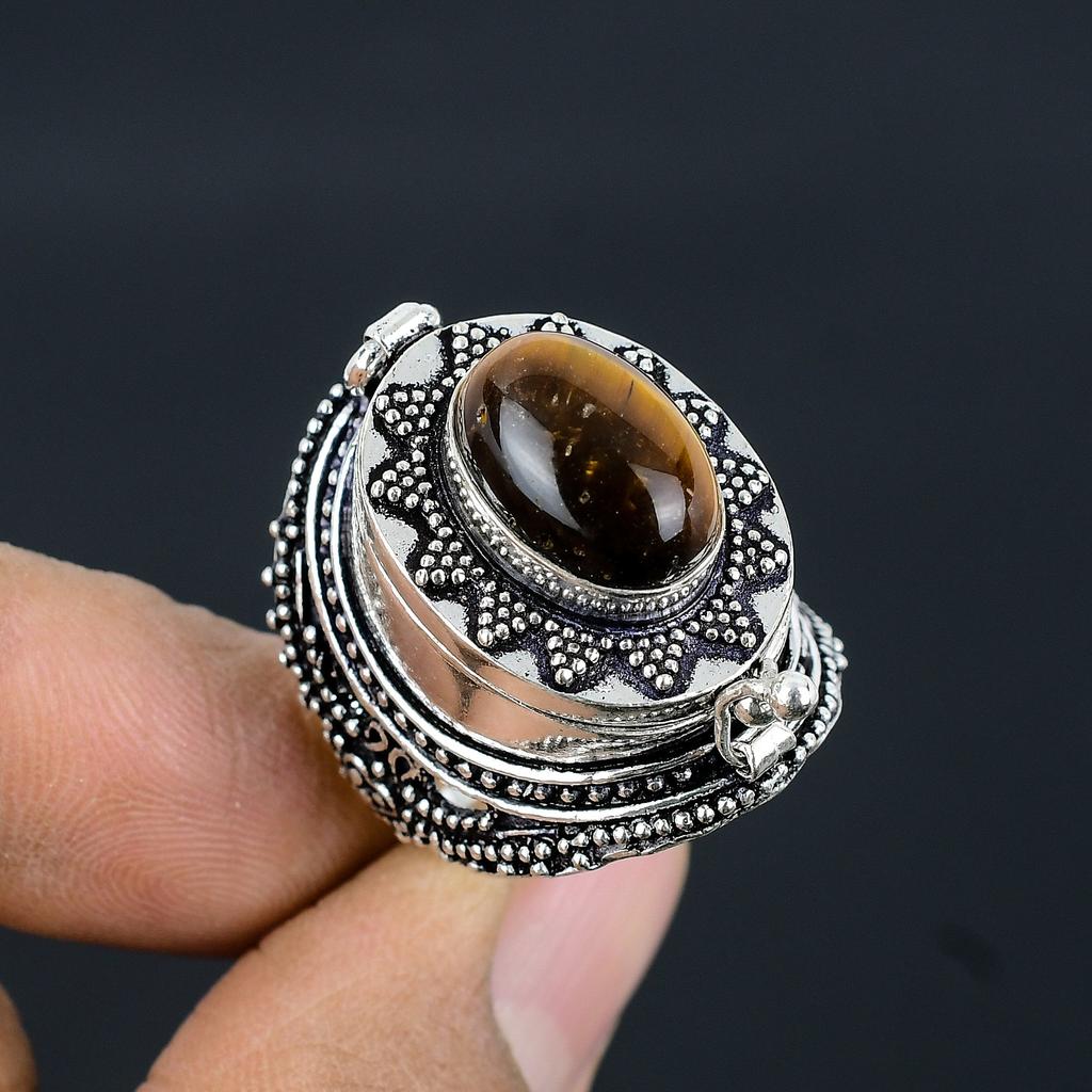 Tiger Eye Gemstone 925 Sterling Silver Jewelry Poison Ring Jewelry Size 9