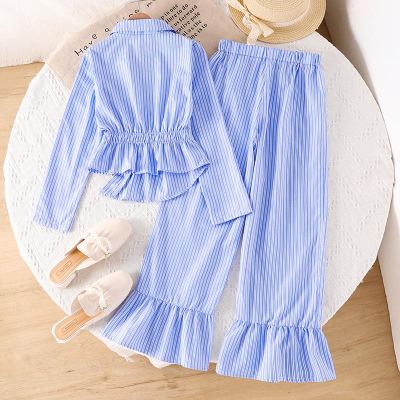 Girls' Set 2025 Autumn Children's Irregular Waist-cinched Long-sleeved Shirt Casual Striped Flared Pants