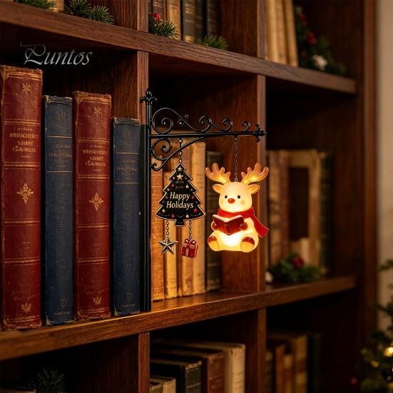 Unique Office Desk Decor Christmas Book Shelf Light, Iron Bookend Night Lamp with Santa Cozy Reading Corner Reindeer Snowman, Warm Glow Tabletop