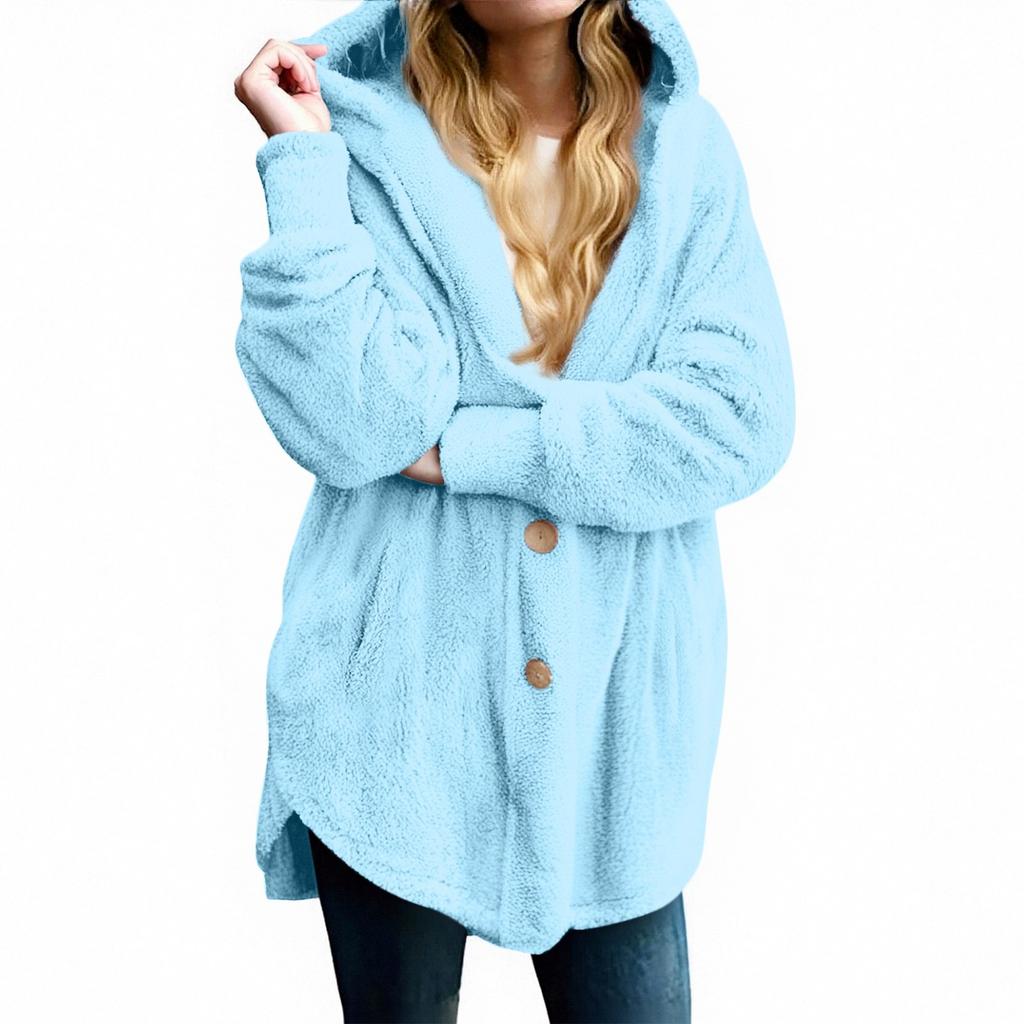 Women's Fashion Solid Color Pocket Button Hooded Loose Casual Plush Jacket