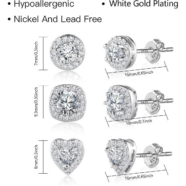 Hypoallergenic Silver Stud Earrings for Women Cubic Zirconia Halo Round Heart Square Diamond Large Silver Stud Set Earring