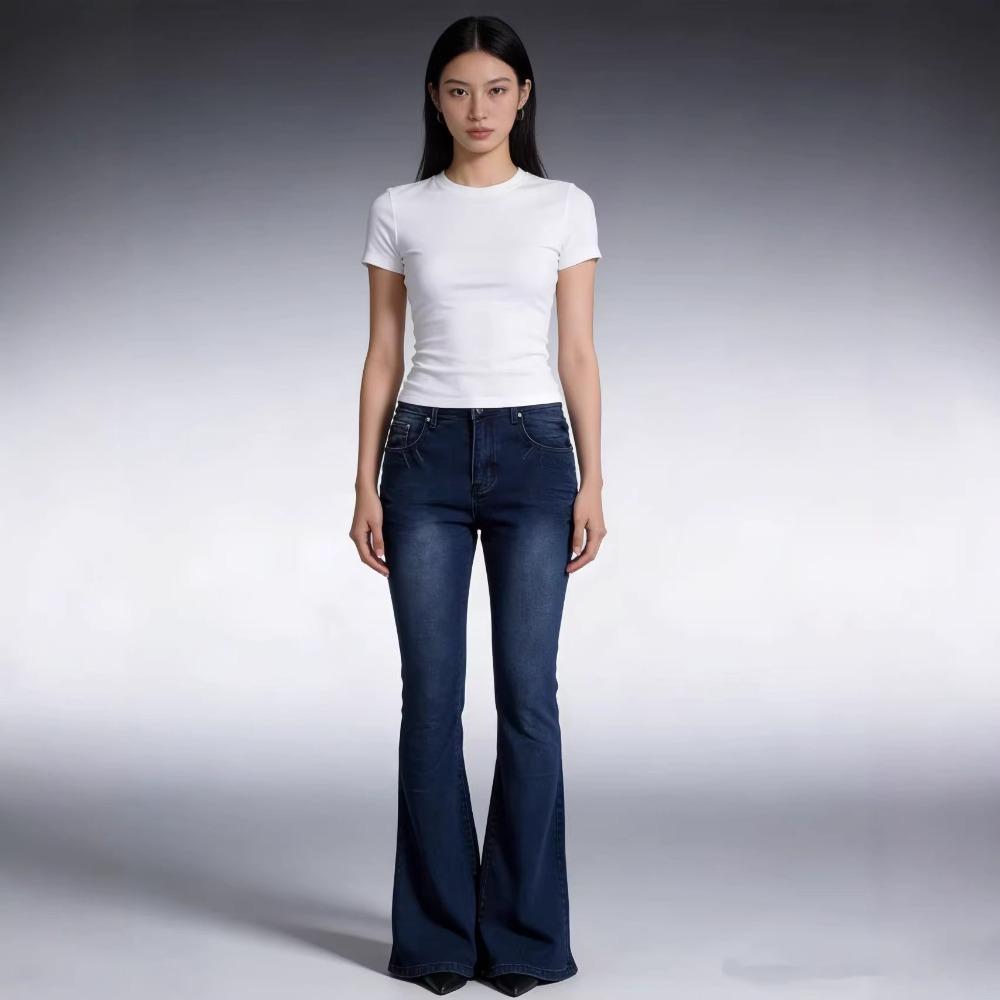 Women's Mid Rise Flare Jeans Vintage Washed Stretch Denim Bell Bottom Pants Plus Size