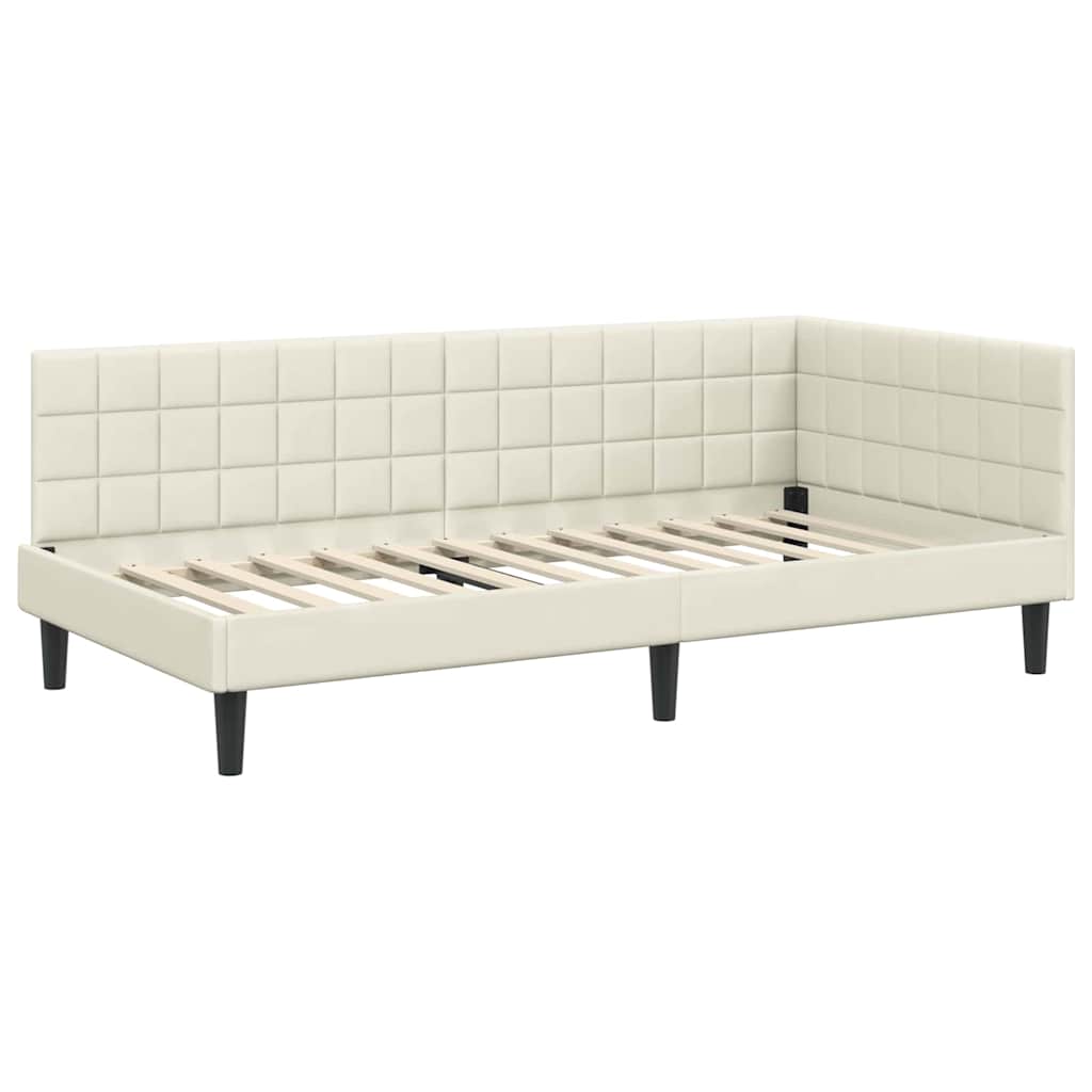 L Shaped Bed Frame with Headboard Cream Color 90 Cm X 190 Cm Velvet