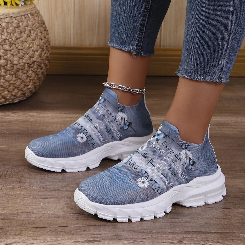 Fashion Letters Floral Print Platform Sneakers for Women Fashion Knitting Casual Sports Shoes Woman Non Slip Breathable Running Shoes