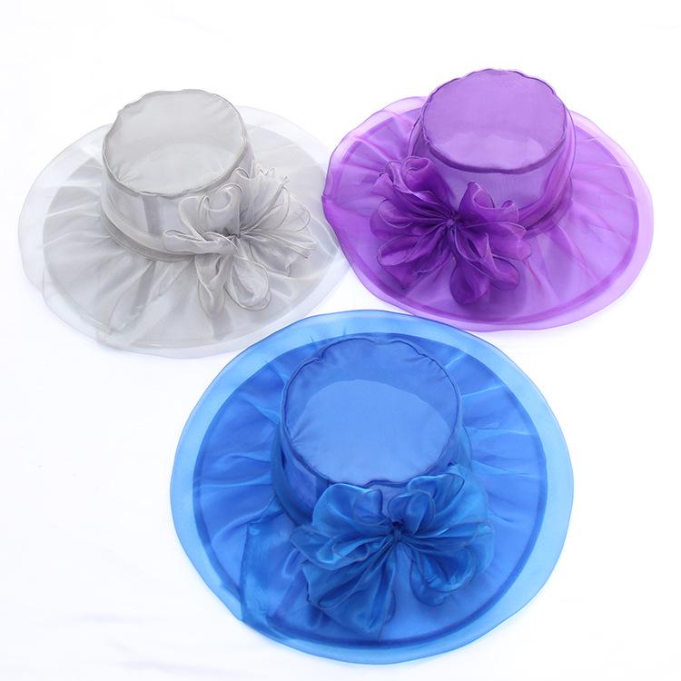 Flower Mesh Top Hat Retro Elegant Double-Layer Organza Sun Hat Foldable Sunscreen Big Brim Hat Women'S Summer