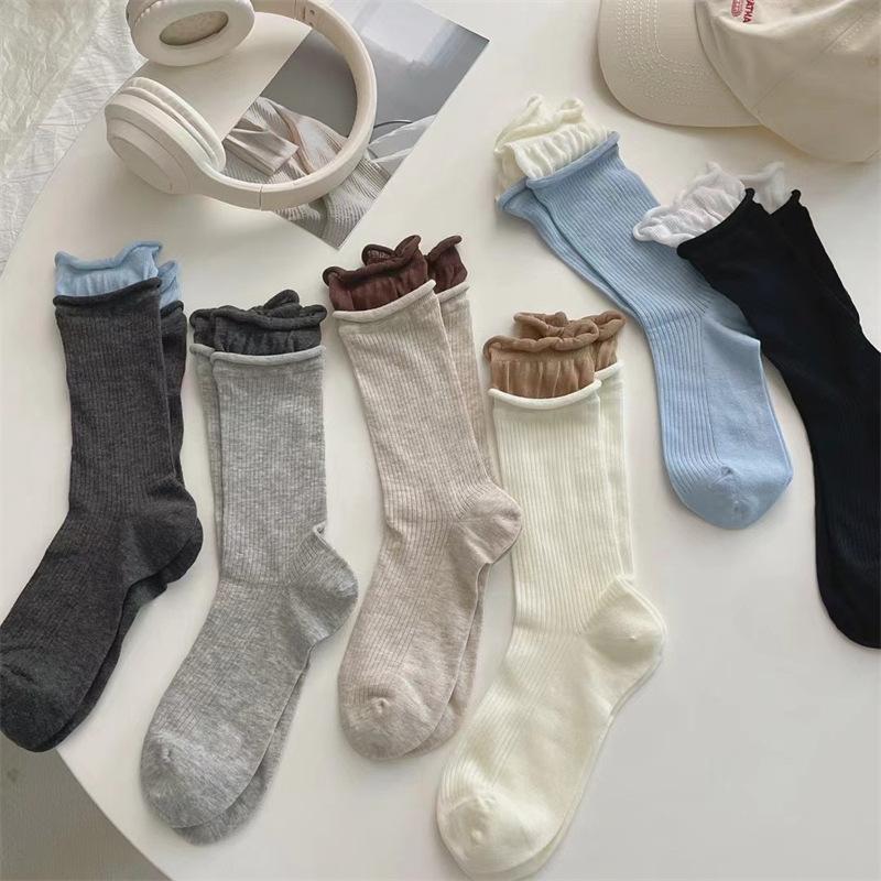 1/5 Pairs Mid-tube Socks for Girls Double Cuffs Pile Socks Women's Comfortable Socks