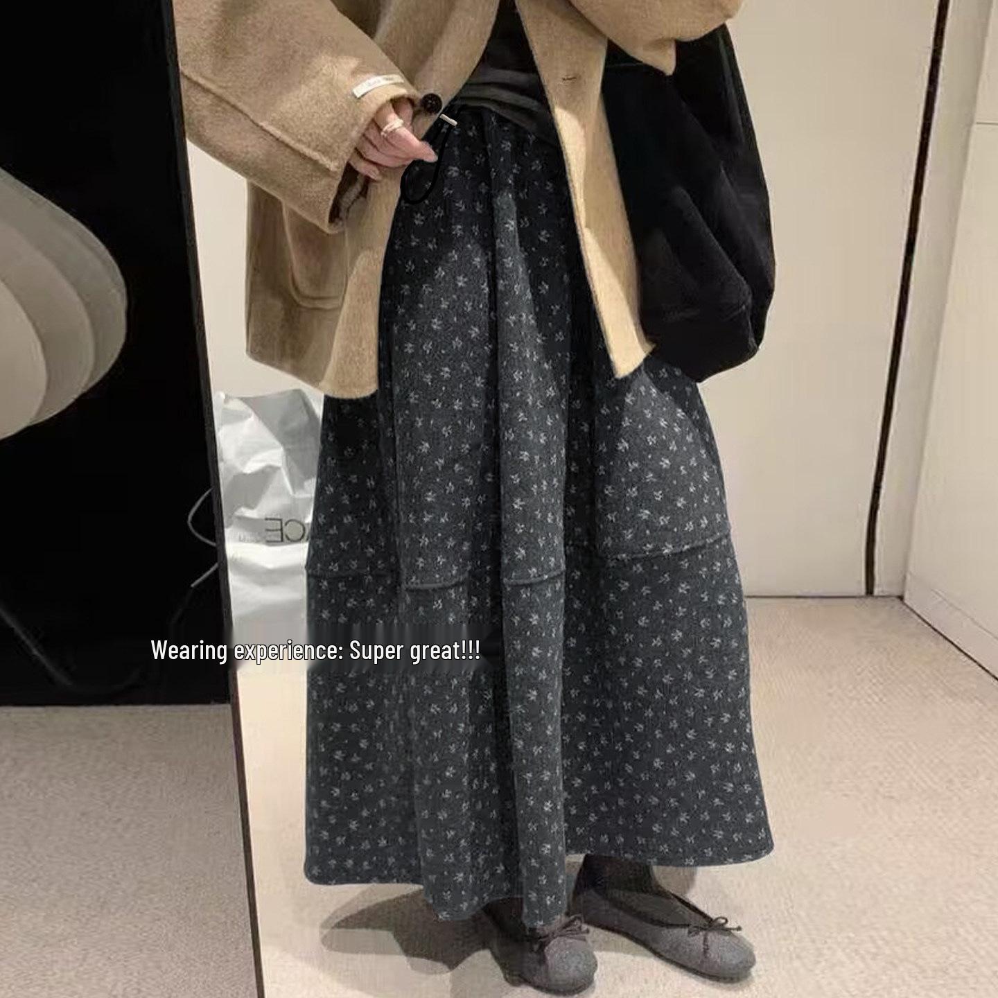 Petite Floral Woolen A-line Maternity Midi Skirt – Autumn Winter Retro Style XL