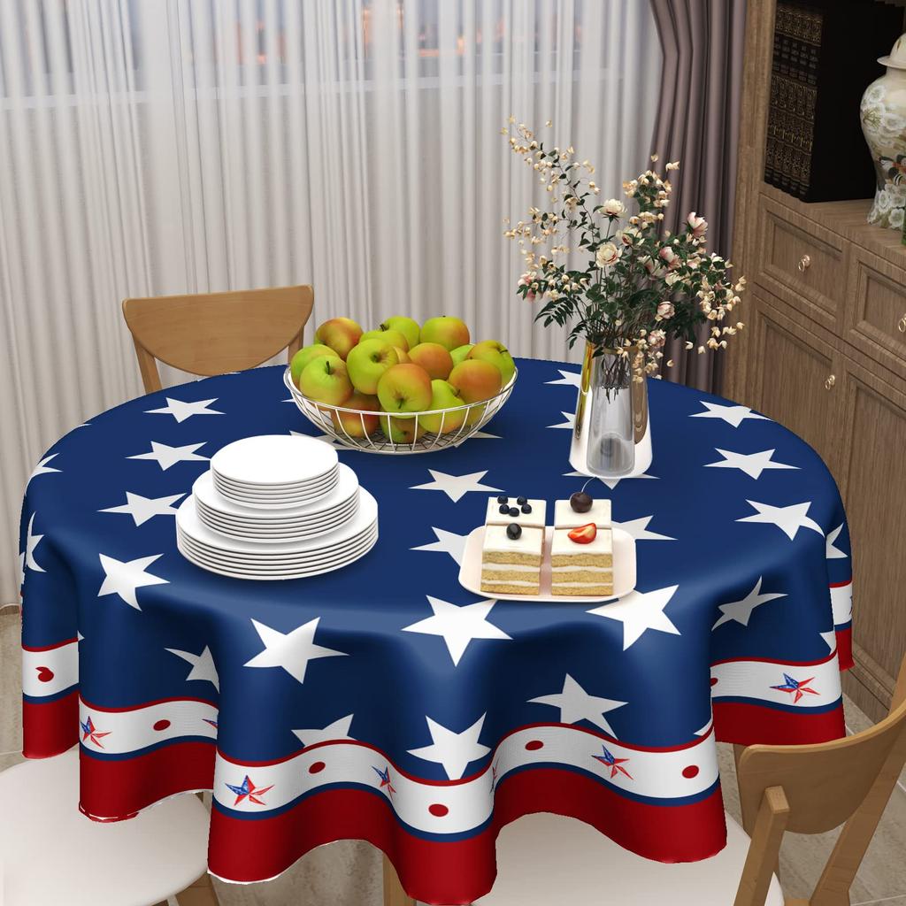 Round Tablecloth Star Patterned Polyester Fabric with Decorative Border for Dining Parties and Events Use