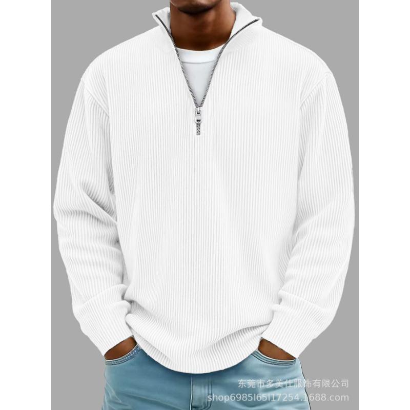 Fall Winter Men's Ribbed Knit Quarter Zip Pullover Long Sleeve Stand Collar Casual Sweatshirt