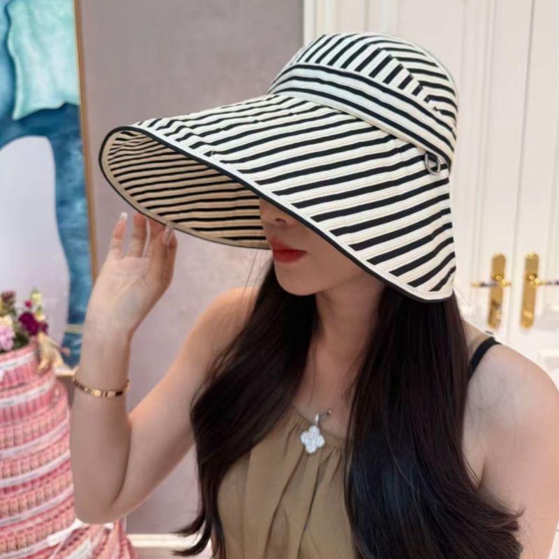

Bucket Hat Women 2025 New Arrival Summer UV Protection Big Brim Cover Face Stripes Air Top Sunhat Can Tie Ponytail Beige Stripes All yards
