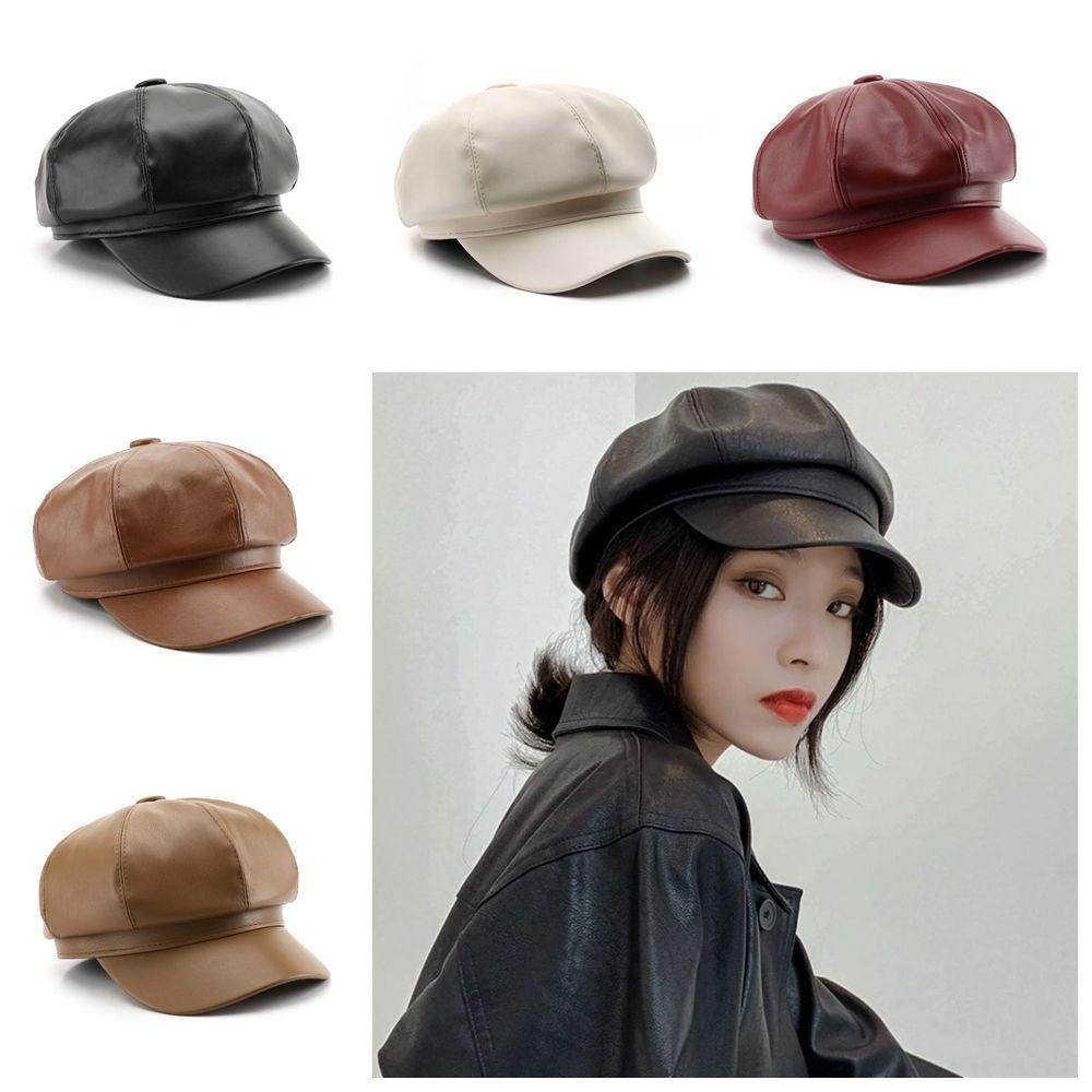 British Korean Leather Painter Hat Solid Color Black Octagonal hat JK Vintage PU Beret Cap Casual