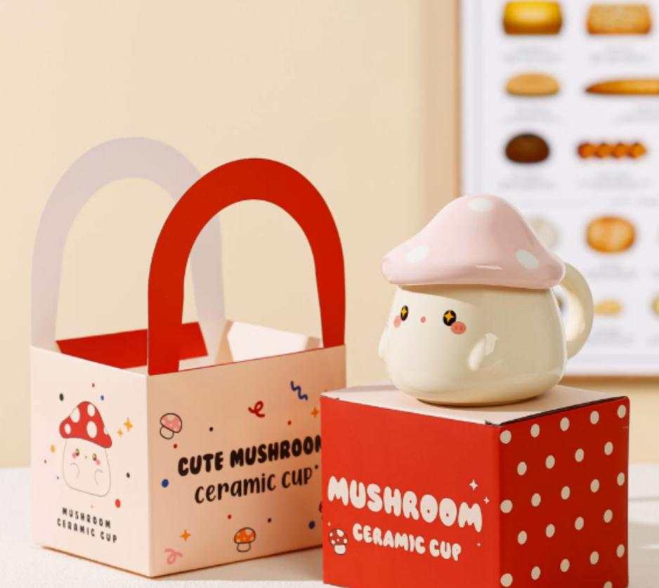 INS Style Mushroom Ceramic Coffee Mug with Lid, Cute Kawaii Tea Cup, Funny Animal Drinkware for Home Office
